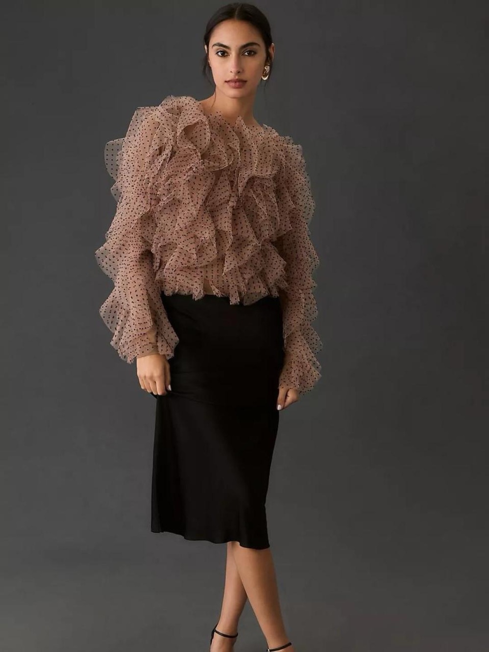 Anthropologie Ruffled Polka Dot Sheer Blouse in Blush and Black